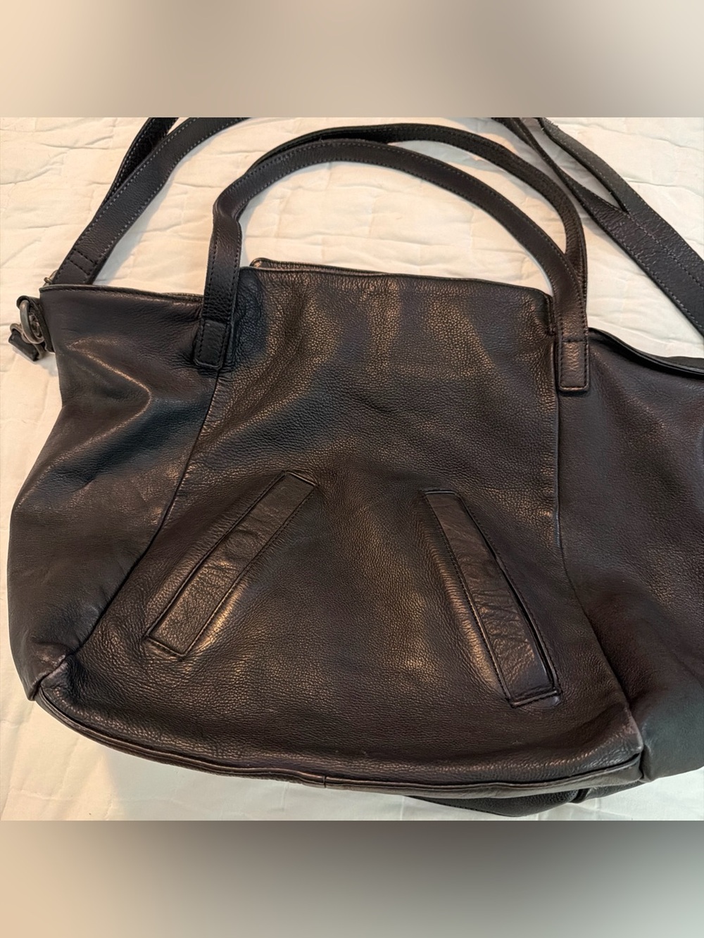 $298 Free People Black Large Slouchy Washed Leather Lucca Tote Bag Anthropologie - Picture 4 of 16